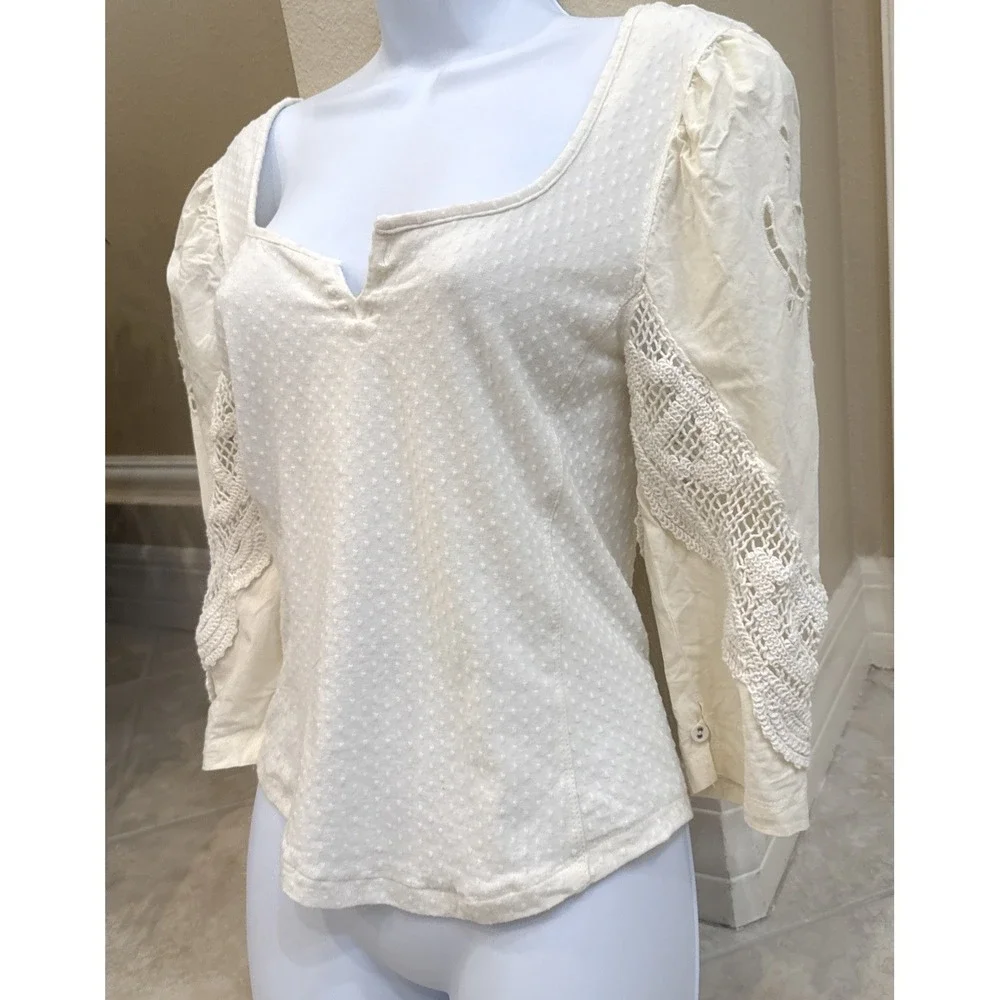Free People Cream Swiss Dot Crochet Eyelet Lace Sleeve Boho Top‎ Small Ivory
